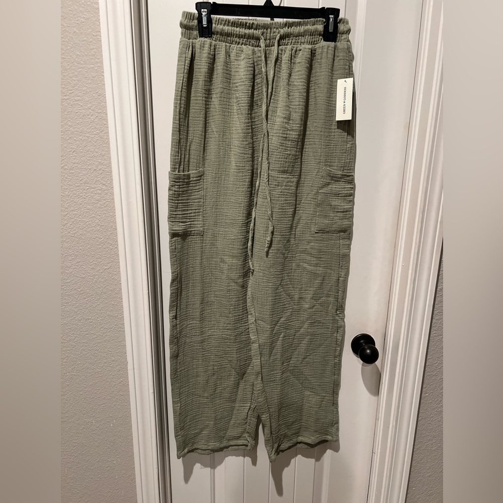 NWT Goddess Sage Olive Green Wide Leg Pants women’s L elastic waist